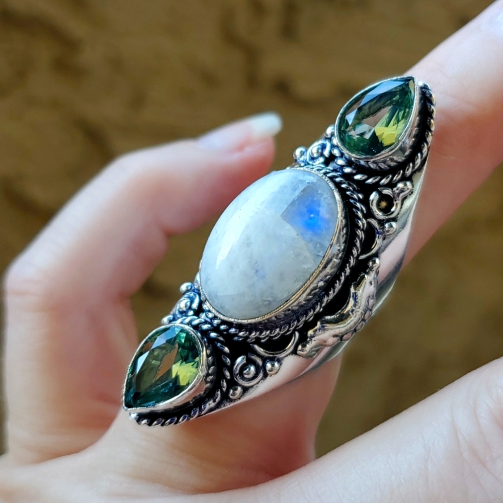 New Rainbow Moonstone & Green Amethyst 925 Silver Statement Ring.